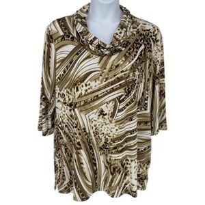Chico's Abstract Animal Print Cowl Neck Tunic Top‎ 3X Brown Beige Stretch